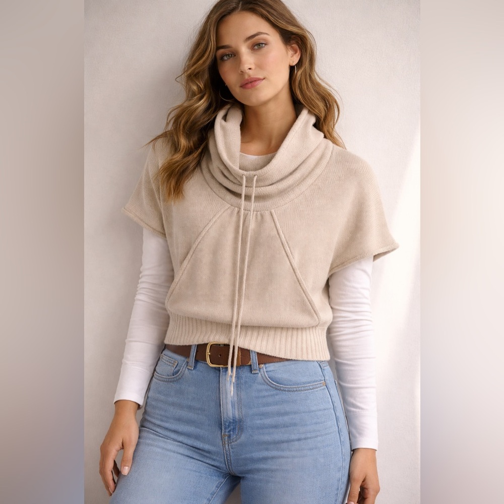 LA Made Cream Draped Cowl Neck Short Sleeve Sweater
